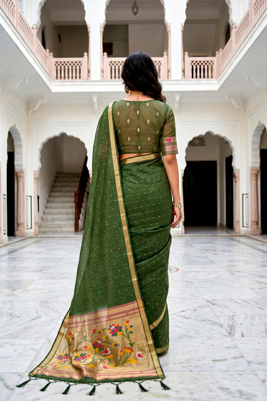 Mehndi Green Cotton Blend Woven Work Traditional Saree