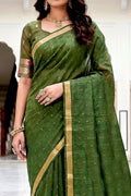 Mehndi Green Cotton Blend Woven Work Traditional Saree
