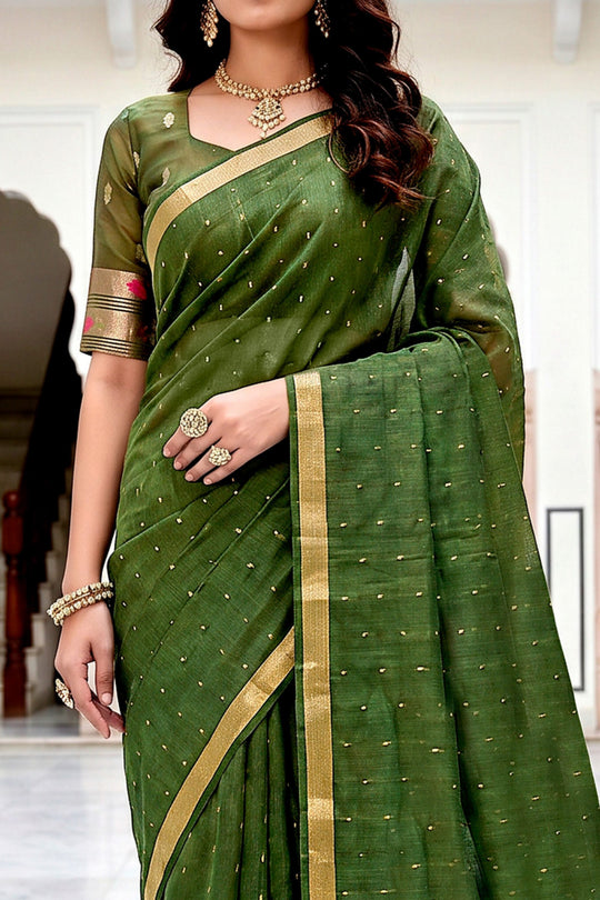 Mehndi Green Cotton Blend Woven Work Traditional Saree