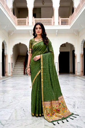 Mehndi Green Cotton Blend Woven Work Traditional Saree