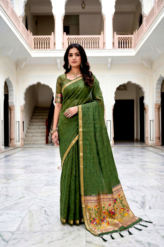 Mehndi Green Cotton Blend Woven Work Traditional Saree
