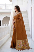 Mustard Brown Cotton Blend Woven Work Traditional Saree