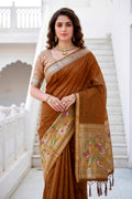 Mustard Brown Cotton Blend Woven Work Traditional Saree