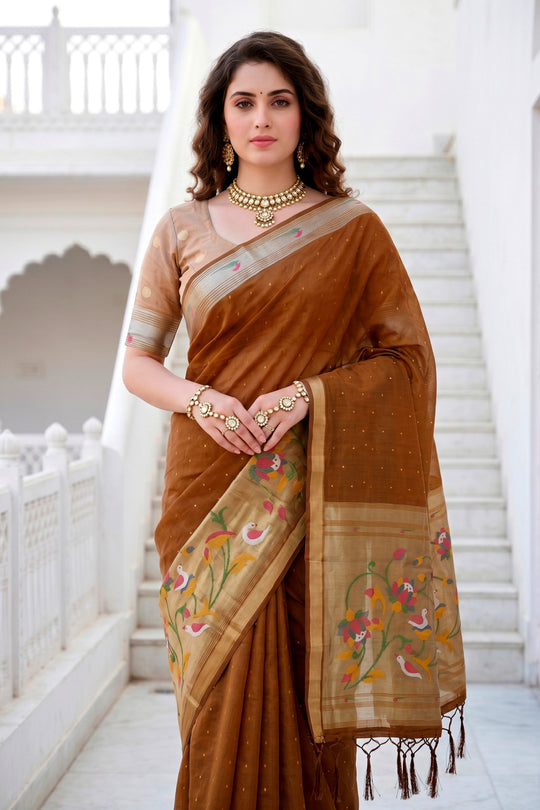 Mustard Brown Cotton Blend Woven Work Traditional Saree
