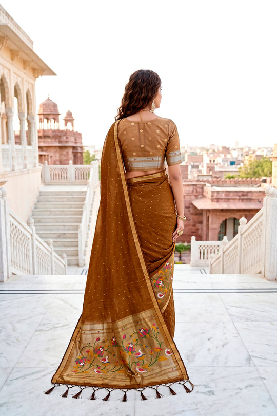 Mustard Brown Cotton Blend Woven Work Traditional Saree