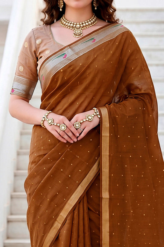 Mustard Brown Cotton Blend Woven Work Traditional Saree