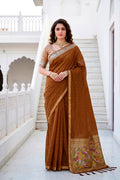 Mustard Brown Cotton Blend Woven Work Traditional Saree