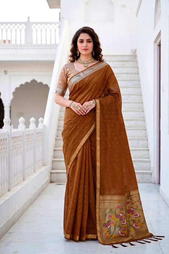 Mustard Brown Cotton Blend Woven Work Traditional Saree