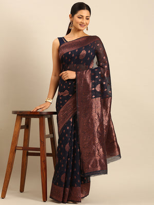 Navy Blue Cotton Saree With Blouse Piece