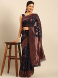Navy Blue Cotton Saree With Blouse Piece