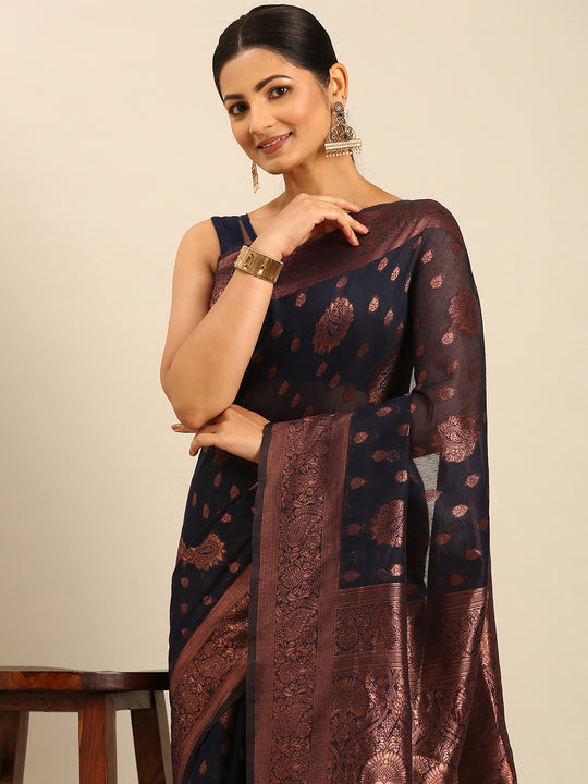 Navy Blue Cotton Saree With Blouse Piece