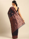 Navy Blue Cotton Saree With Blouse Piece