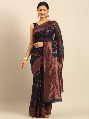Navy Blue Cotton Saree With Blouse Piece