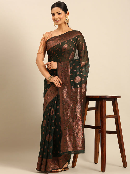 Bottle Green Cotton Saree With Blouse Piece