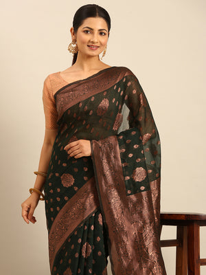 Bottle Green Cotton Saree With Blouse Piece