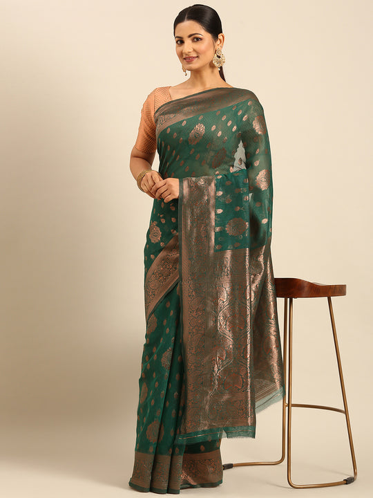 Green Cotton Saree With Blouse Piece