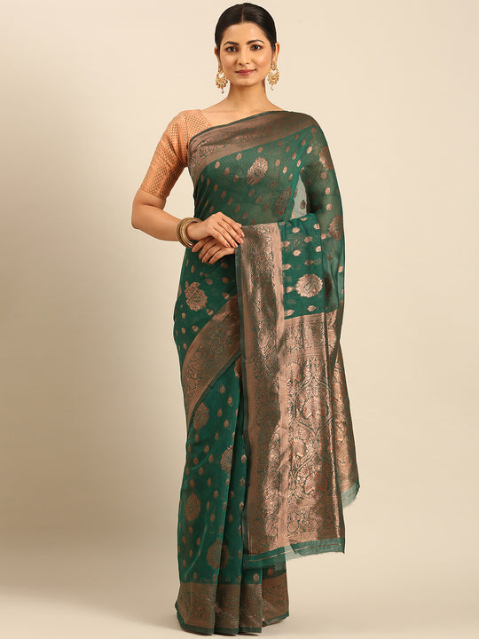 Green Cotton Saree With Blouse Piece