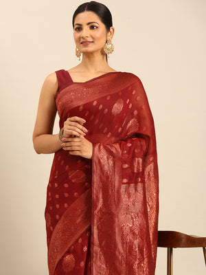 Maroon Cotton Saree With Blouse Piece
