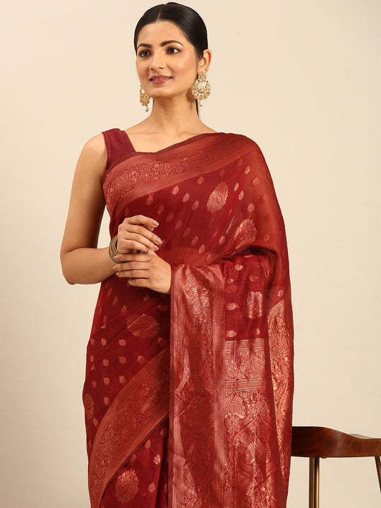 Maroon Cotton Saree With Blouse Piece