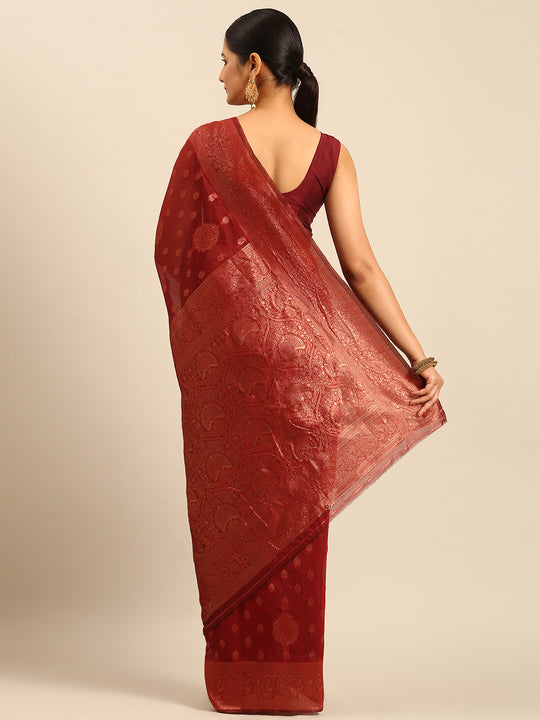 Maroon Cotton Saree With Blouse Piece