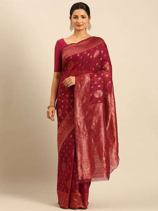 Magenta Cotton Saree With Blouse Piece