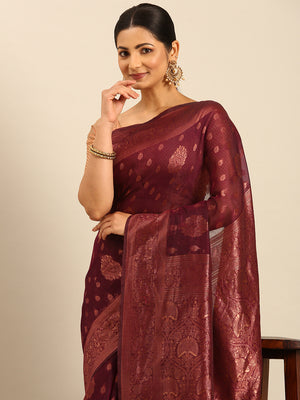Burgundy Cotton Saree With Blouse Piece