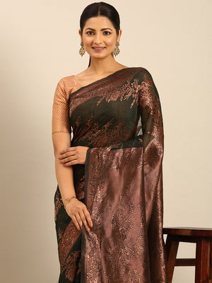 Bottle Green Cotton Saree With Blouse Piece