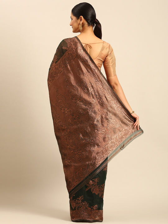 Bottle Green Cotton Saree With Blouse Piece