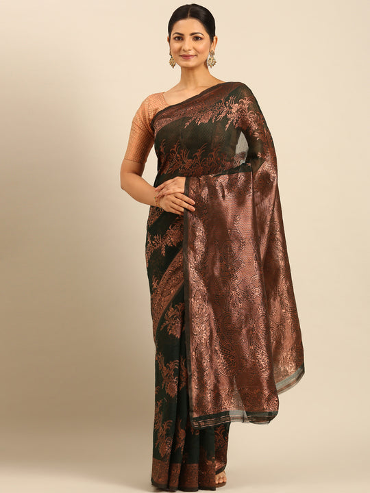 Bottle Green Cotton Saree With Blouse Piece