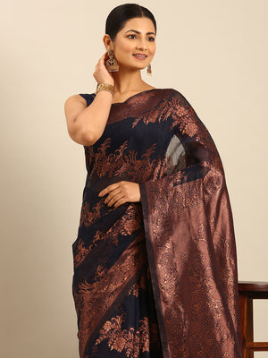 Navy Blue Cotton Saree With Blouse Piece