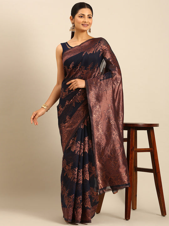Navy Blue Cotton Saree With Blouse Piece