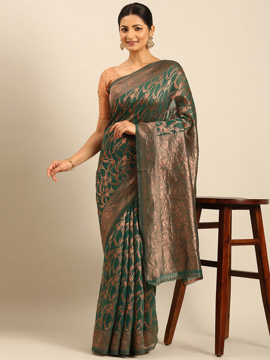 Green Cotton Saree With Blouse Piece