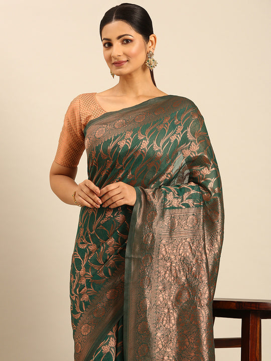 Green Cotton Saree With Blouse Piece