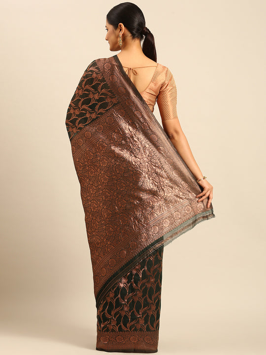 Bottle Green Cotton Saree With Blouse Piece