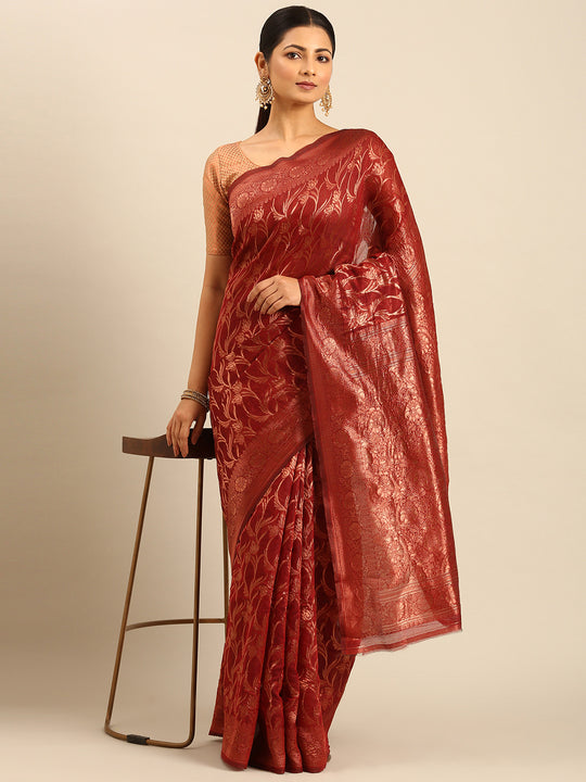 Red Cotton Saree With Blouse Piece