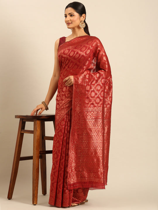 Red Cotton Saree With Blouse Piece