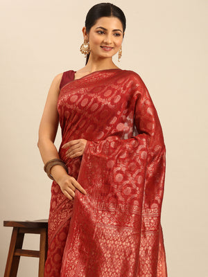 Red Cotton Saree With Blouse Piece