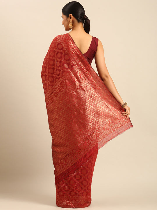 Red Cotton Saree With Blouse Piece