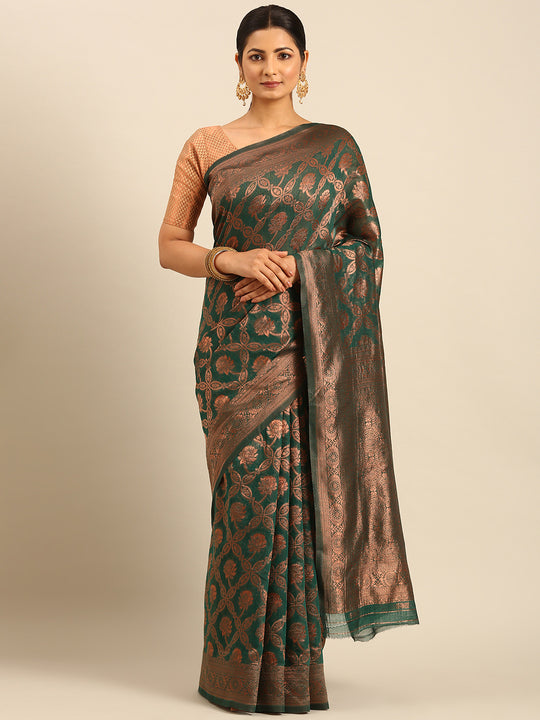 Bottle Green Cotton Saree With Blouse Piece