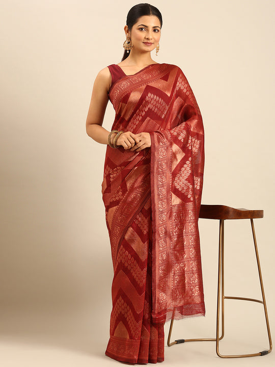 Maroon Cotton Saree With Blouse Piece