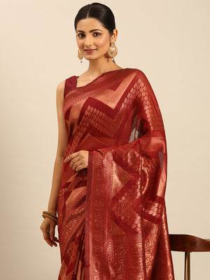 Maroon Cotton Saree With Blouse Piece