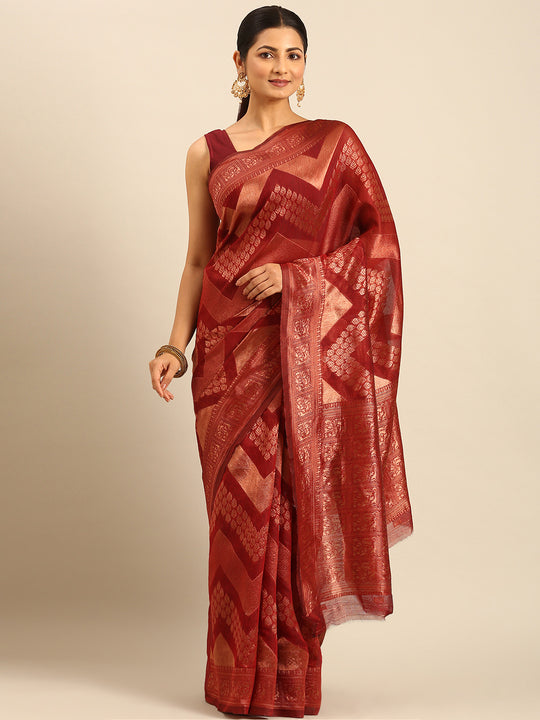 Maroon Cotton Saree With Blouse Piece