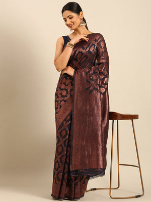 Navy Blue Cotton Saree With Blouse Piece