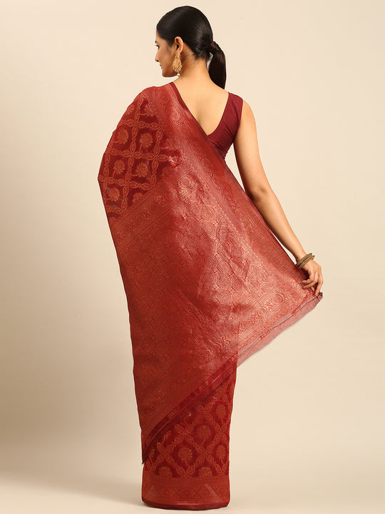 Maroon Cotton Saree With Blouse Piece