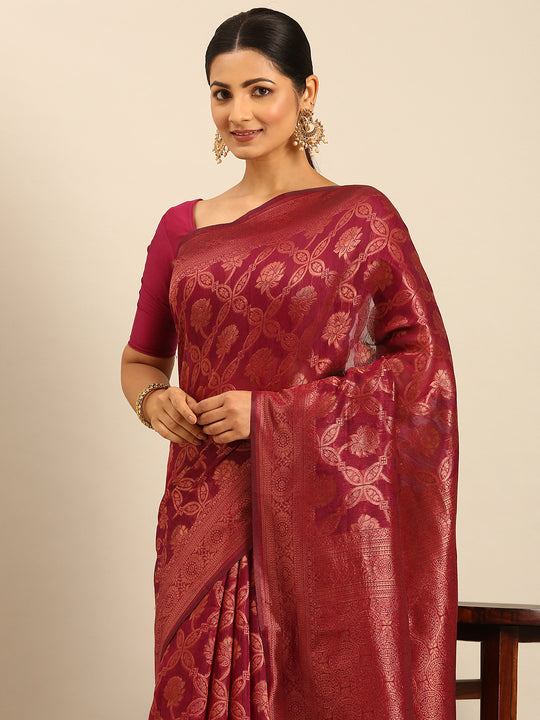 Magenta Cotton Saree With Blouse Piece
