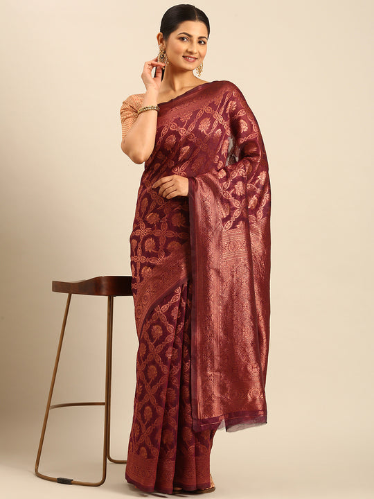 Burgundy Cotton Saree With Blouse Piece