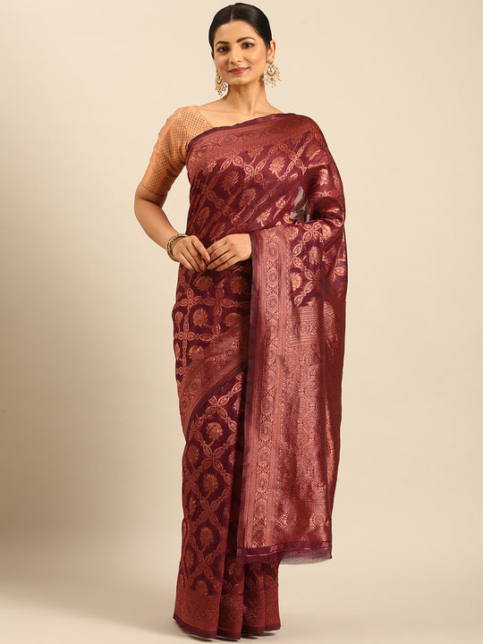 Burgundy Cotton Saree With Blouse Piece