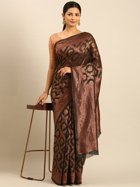 Bottle Green Cotton Saree With Blouse Piece