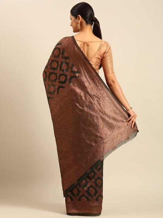 Bottle Green Cotton Saree With Blouse Piece