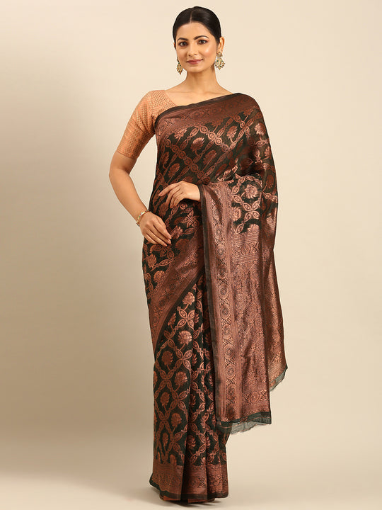 Bottle Green Cotton Saree With Blouse Piece